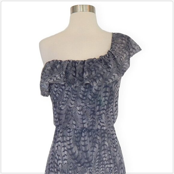 Sweet Pea Long Gray Feather Animal Print One Shoulder Ruffle Trim Maxi Dress S - Picture 2 of 4